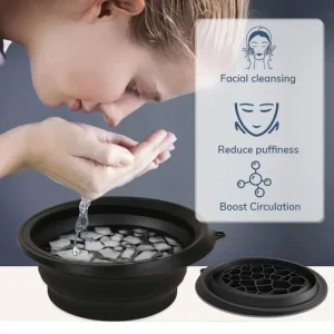 Woman using collapsible facial ice bath bowl